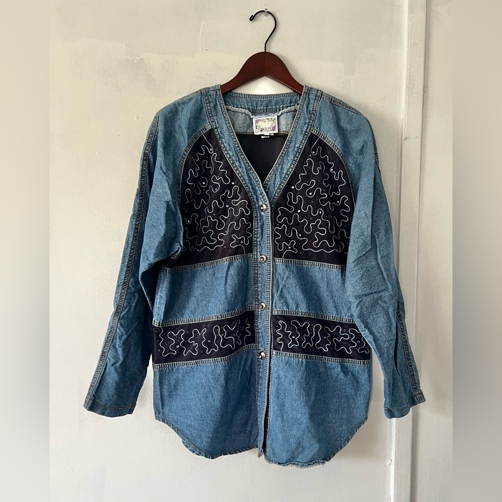 Vintage Denim Button-Up Shirt with Embroidered Pattern
